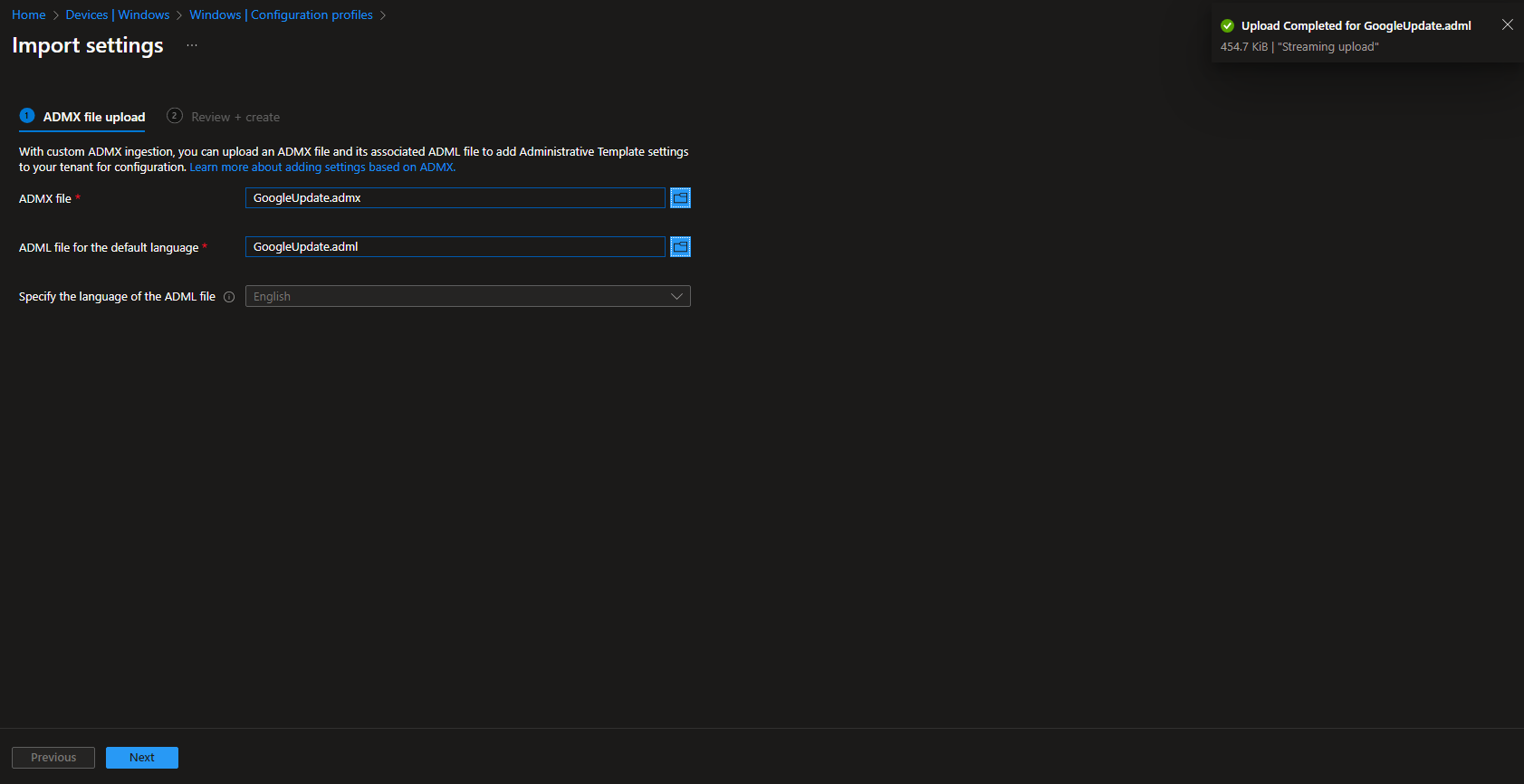 Uploading Google ADMX and ADML in Intune